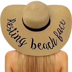 SUNS Embroidered Straw Hat for Outdoors, Summer Beach "Resting Beach Face" EUC